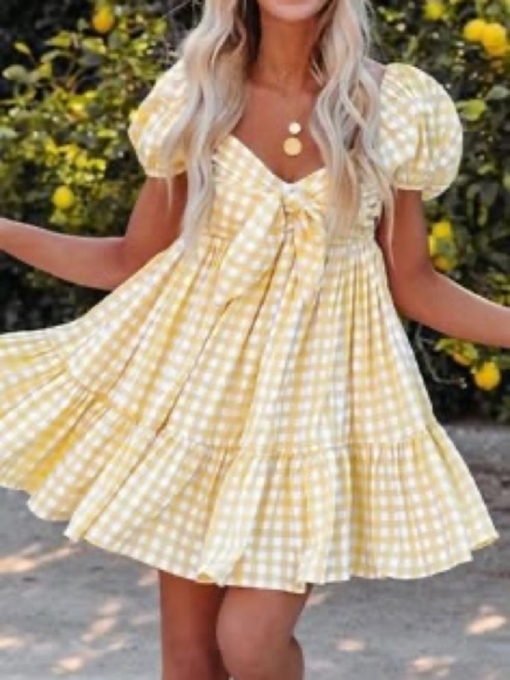 VICI Babydoll Yellow Gingham Puff-Sleeve Mini Dress with Pockets size S